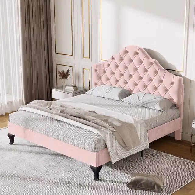 Letto imbottito REDOM in velluto rosa con rete a doghe e testiera L/P: 140 x 200 cm