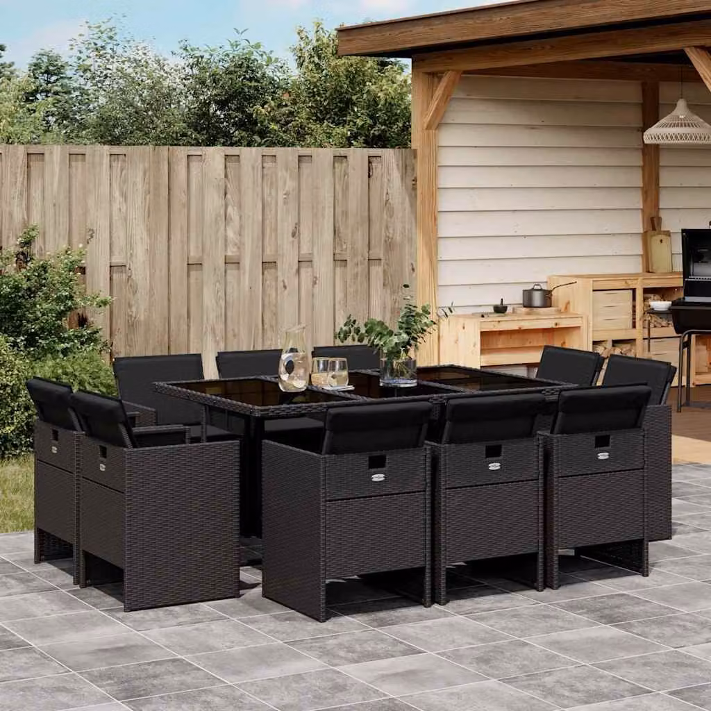 vidaXL Set da Pranzo da Giardino 11 pz in Polyrattan Nero con Piano in Vetro – 1