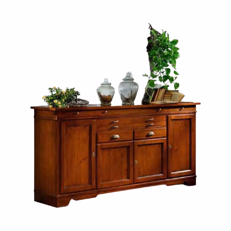 Madia credenza Mobili 2G in legno di tiglio massello con 4 porte e 7 cassetti colore marrone L: 222 cm, P: 52 cm, H: 108 cm
