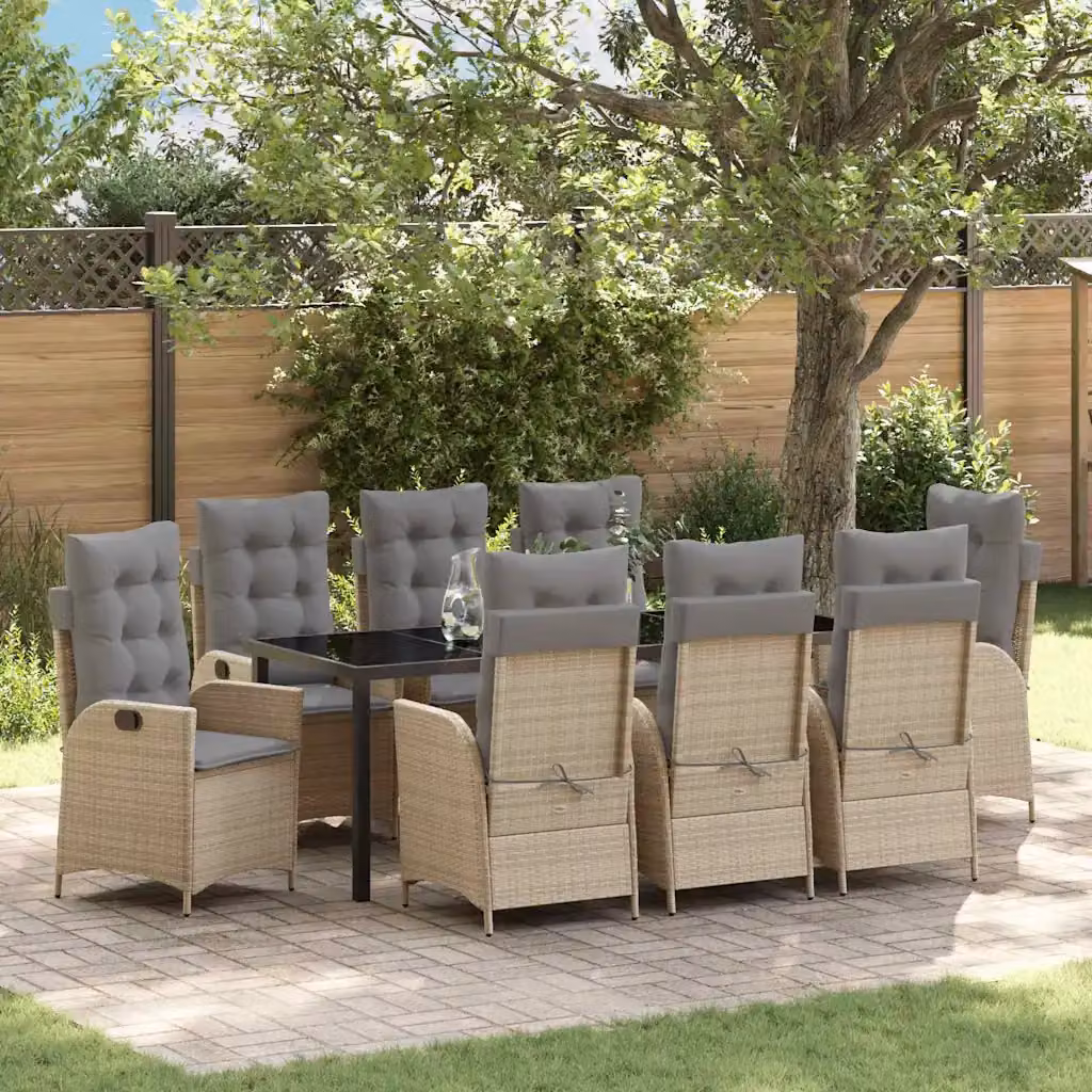 Set da pranzo per giardino e terrazzo vidaXL in polyrattan beige e nero con tavolo rettangolare in vetro, 9 pezzi
