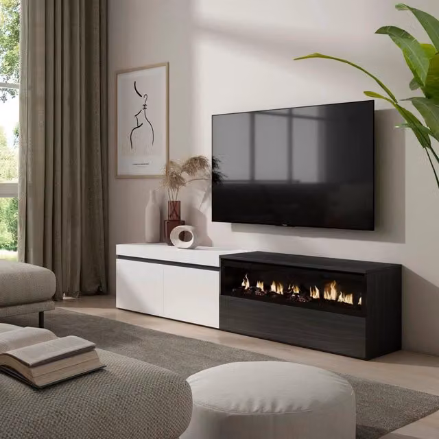 Mobile TV, 200x35x45cm, soggiorno, Per TV fino a 80", Camino elettrico, Bianco e nero RF2175