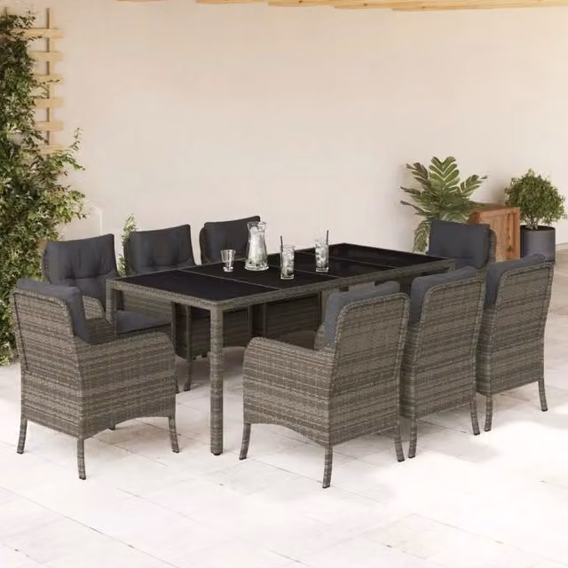 Set da Pranzo da Giardino vidaXL in Polyrattan Grigio con Cuscini e Tavolo in Vetro, 9 Pezzi – 1