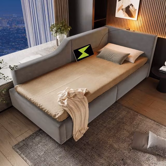 Letto Contenitore REDOM in Velluto Grigio con Lampada da Lettura Integrata e Porta USB-C, L/P: 90 x 200 cm