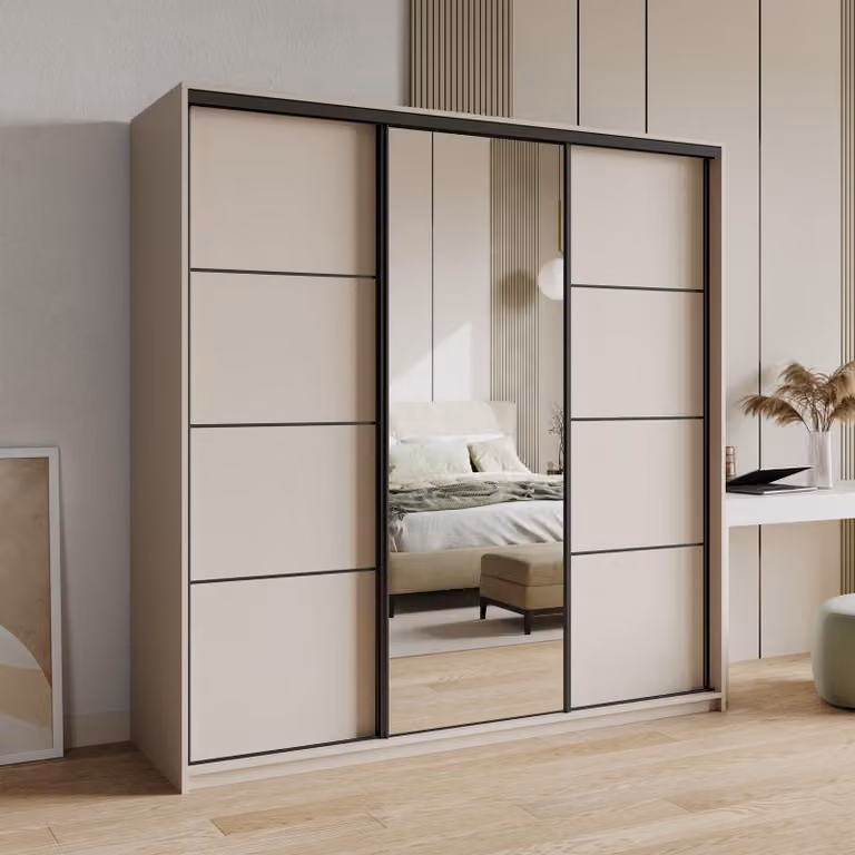 Masseno Armadio con ante scorrevoli VARO 180/205/60 cm Armadio con 4 cassetti Armadio per camera da letto a 3 ante con specchio Cashmere