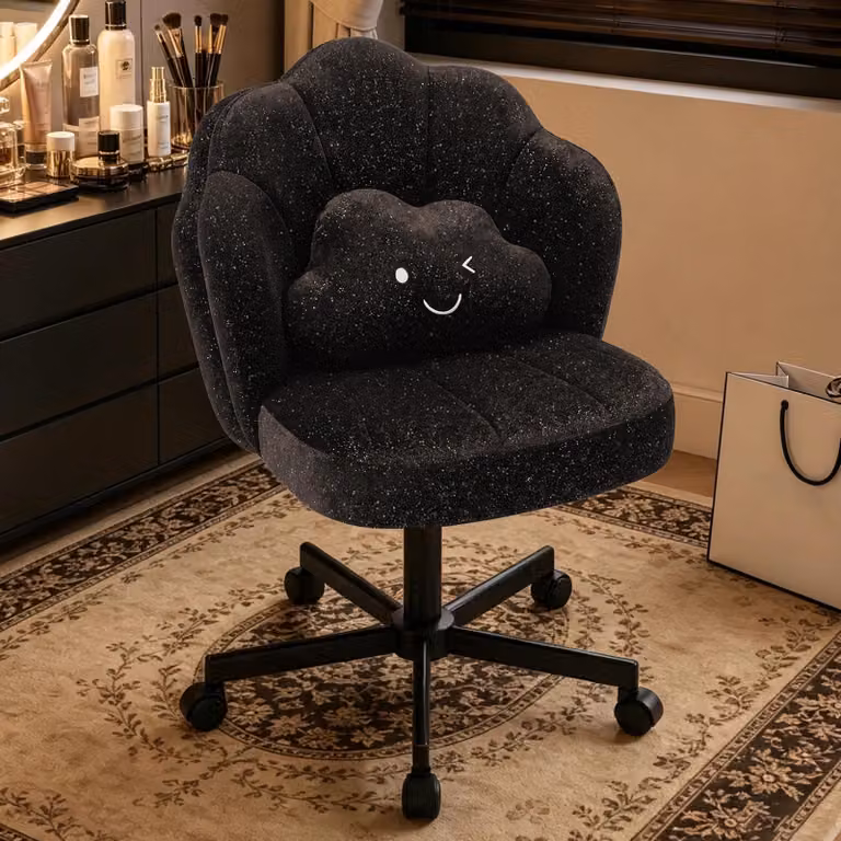Sedia a forma di fiore - Sedia per scrivania e da trucco con rotelle - Schienale doppio - Cuscini effetto nuvola - Regolabile in altezza - Tessuto chenille, colore nero