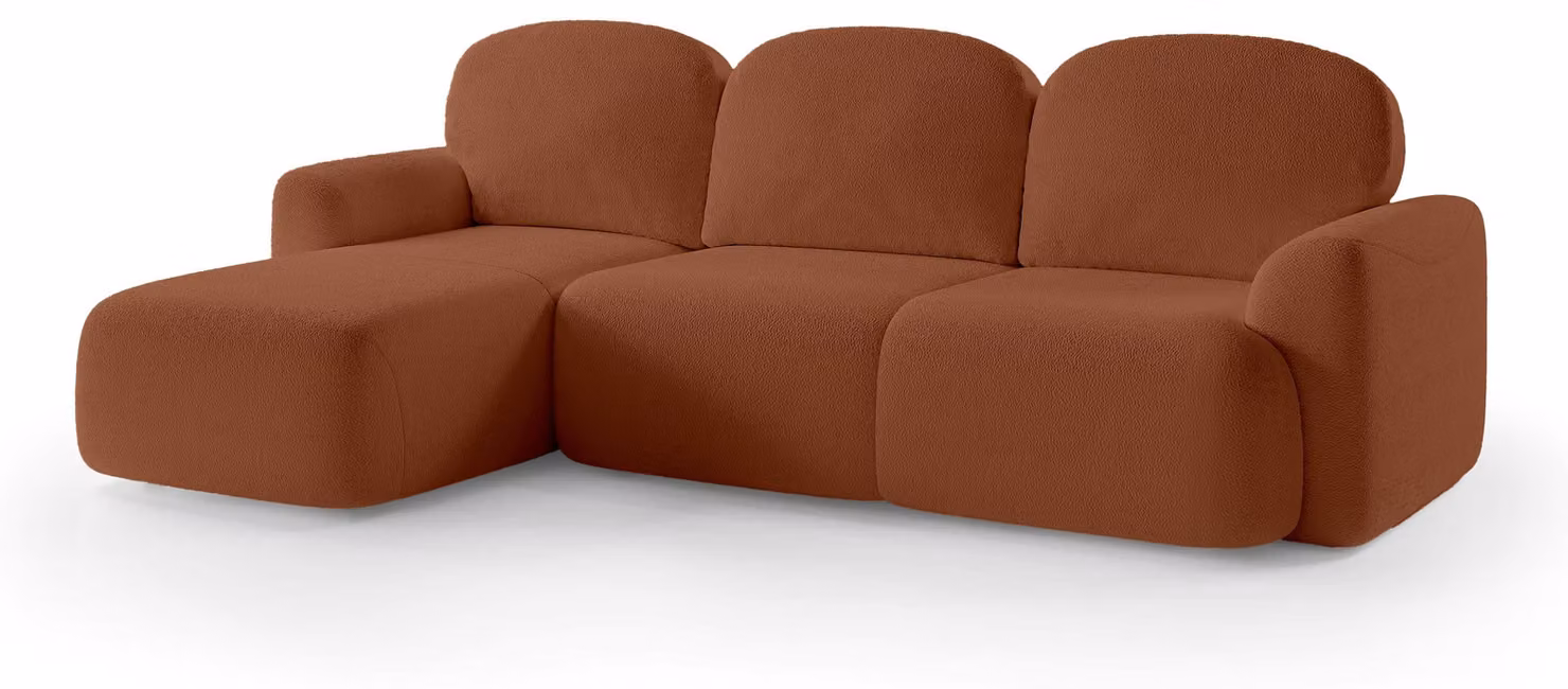 Divano a tre posti con funzione letto, modello Bulu, con struttura in legno di caramello, lato sinistro