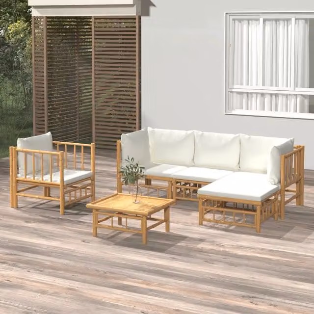 Set Salotto da Giardino 6pz con Cuscini Bianco Crema in Bambù 3155179