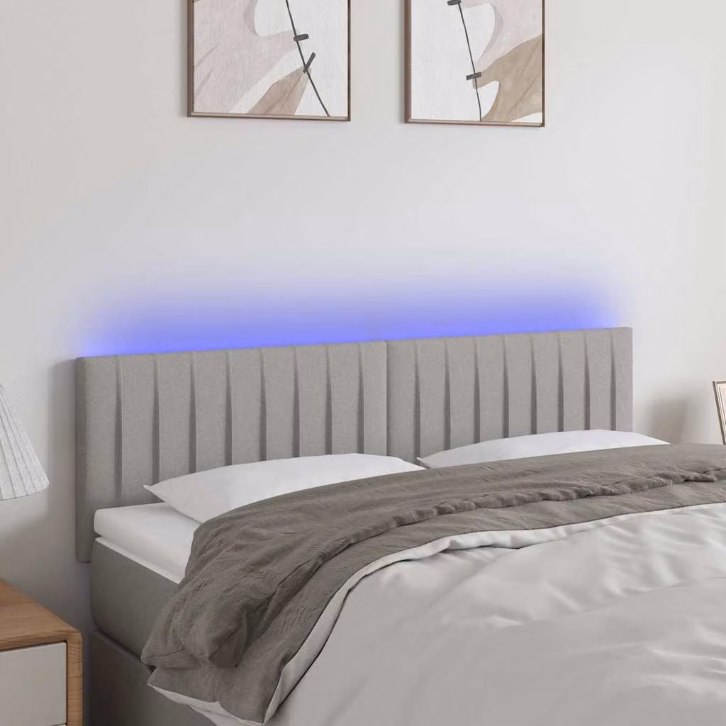 Testiera per letto vidaXL in tessuto grigio con illuminazione LED e porta di ricarica USB, L: 144 cm, P: 5 cm, H: 78-88 cm