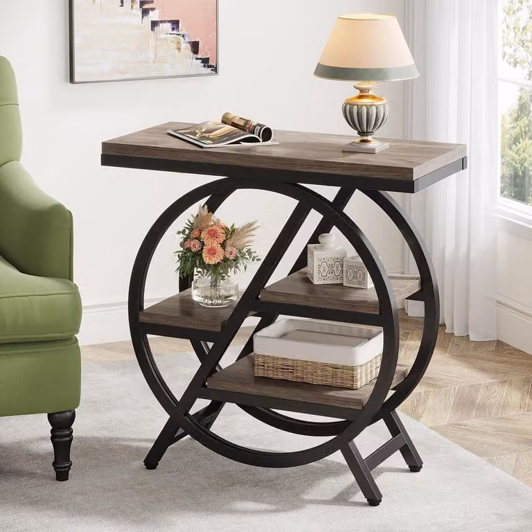 Tavolino laterale a 3 ripiani, stretto, con struttura in metallo e piano in legno, colore grigio
