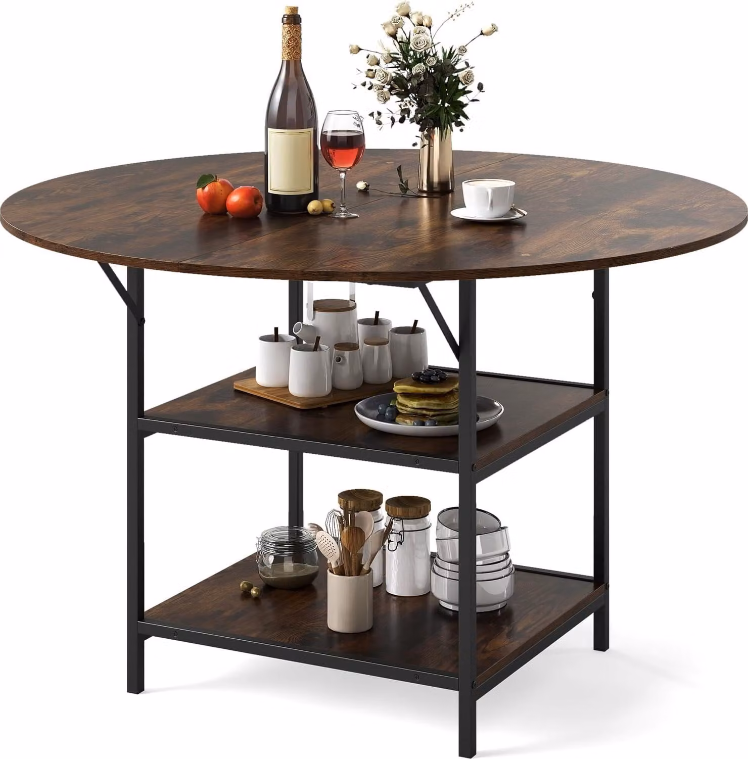 Tavolo da pranzo rotondo, 120 cm, 4-6 posti, ripiano a 2 livelli