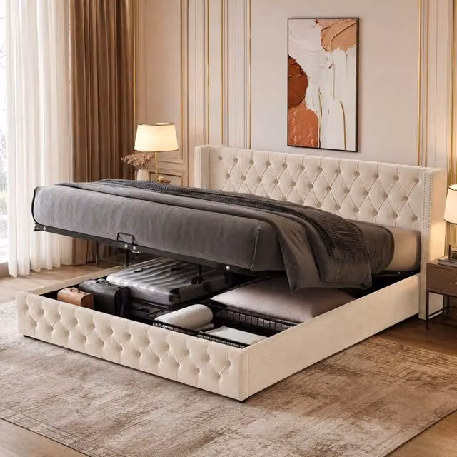Letto Contenitore Chesterfield REDOM in Velluto Beige L 140 x P 190 cm