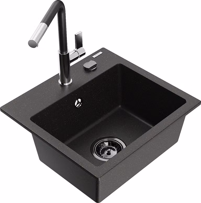 Mexen Milo lavello in granito a 1 vasca con miscelatore da cucina Flora, nero/oro metallizzato - 6505-75-670401-07-B
