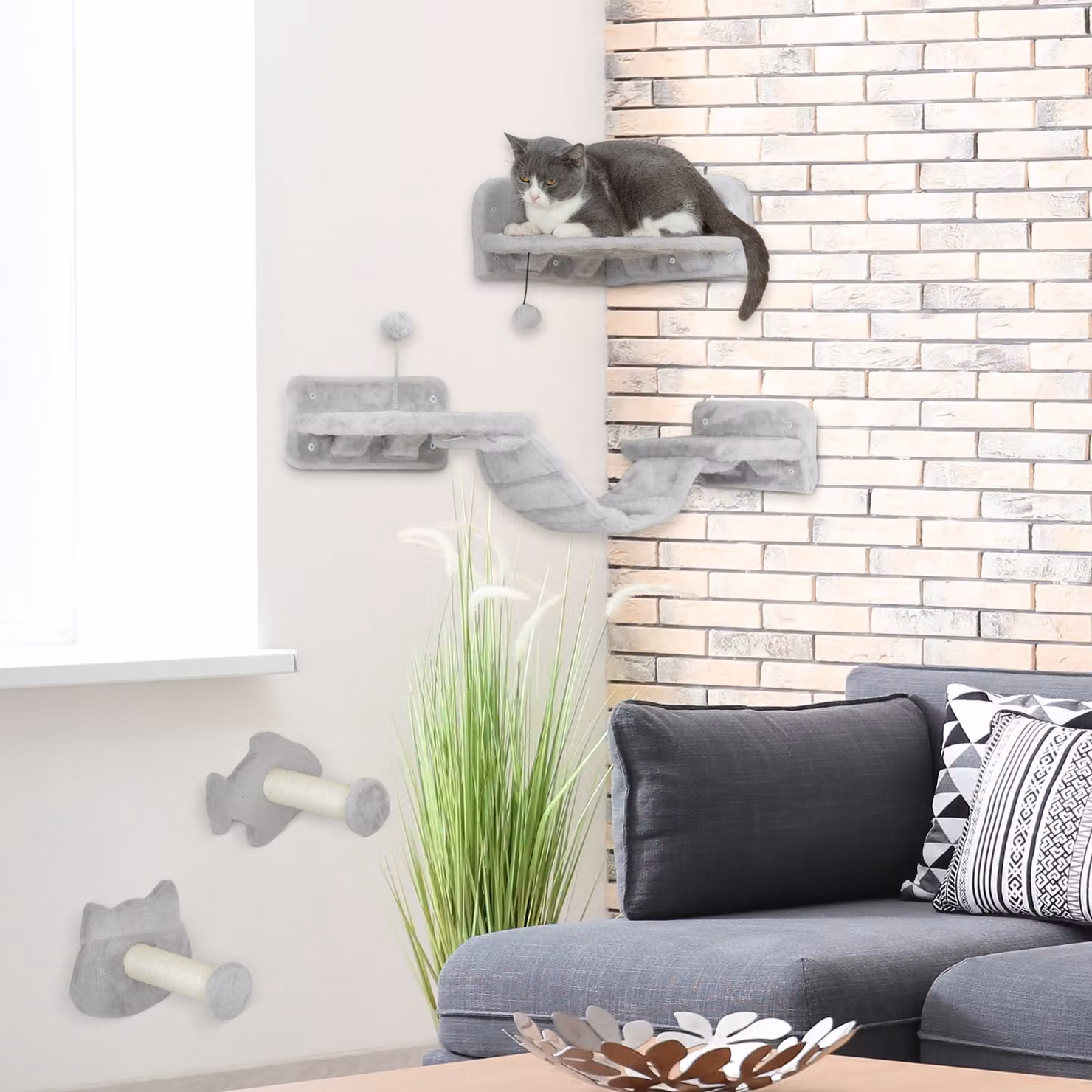 PawHut Gioco da Parete per Gatti con Pale in Sisal Sostituibile, Doppia Piattaforma, Scala e Piattaforma per Saltare, Grigio – 2