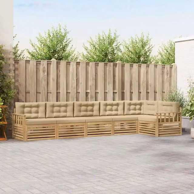 Set di divani da esterno a L vidaXL in legno di acacia con cuscini, Bianco e Beige – 1