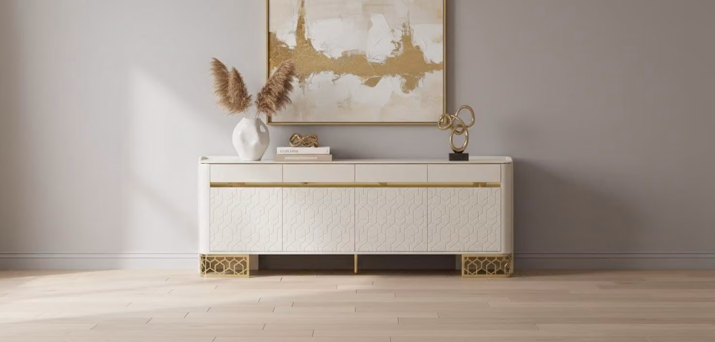 Elegante mobile contenitore laterale bianco con dettagli dorati
