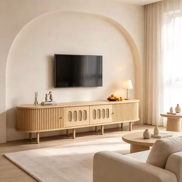 Mobile TV ovale 180x40x40 cm in MDF colore legno chiaro, design rattan, con 2 ante e 2 porte scorrevoli, per TV fino a 75 pollici