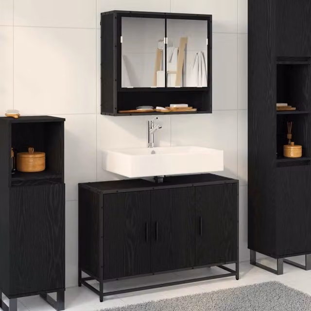 Set di mobili per il bagno vidaXL composto da mobile lavabo e armadietto con specchio, colore nero opaco, L/P/H: 90 x 33 x 60 cm – 1