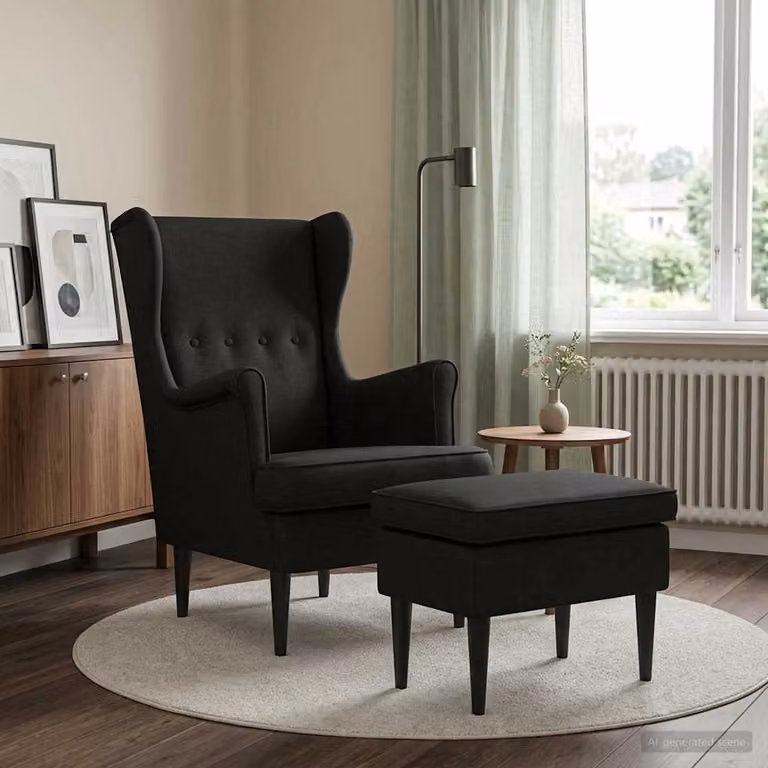 Set di Poltrona con Ottomano vidaXL in Tessuto Nero per Soggiorno e Camera da Letto