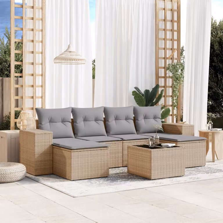 vidaXL Set Divani da Giardino 7 pz a Forma a L con Cuscini Beige e Tavolino da Caffè in Polyrattan e Metallo