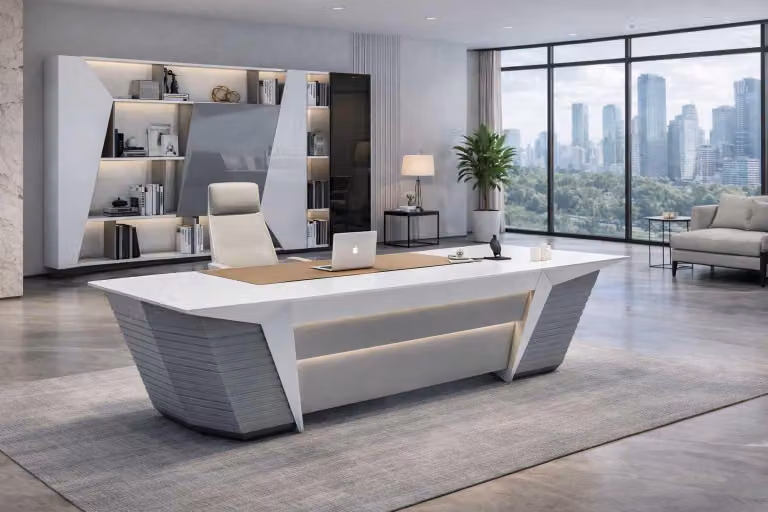 Arredamento da ufficio esclusivo: scrivania da direttore di design, elegante libreria