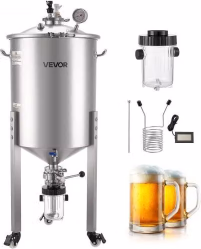 VEVOR Serbatoio di Fermentazione Conico in Acciaio Inox Argento da 60 Litri con Ruote per Birra e Vino