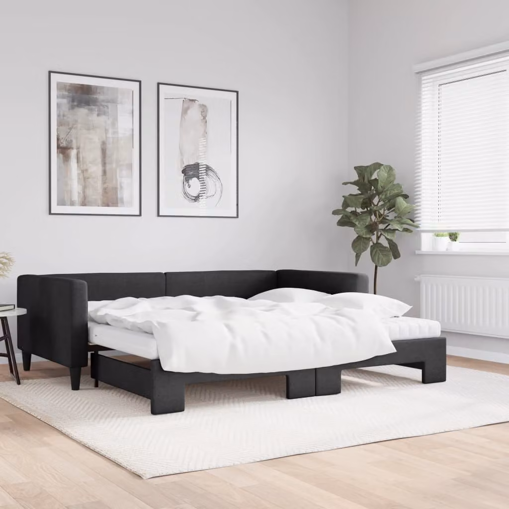 vidaXL Divano Letto Estraibile in Tessuto Nero con Materasso L/P/H: 223 x 100 x 68 cm