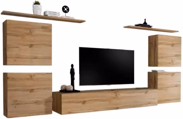 Composizione murale SWITCH IV Meublorama in Rovere Wotan, mobile TV con blocchi sospesi e scaffali, stile moderno naturale, colore marrone
