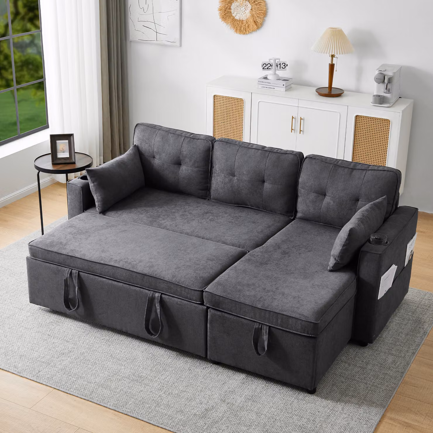 MODFU Divano letto con funzione letto, divano letto a forma di L con spazio di archiviazione, divano letto da soggiorno con portabicchieri, intercambiabile a sinistra e a destra, grigio