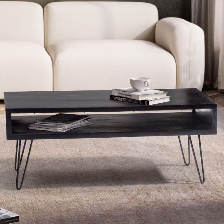 FineBuy tavolino da caffè in legno massiccio di mango nero 100x50 cm - tavolo da soggiorno rettangolare con ripiano - tavolo in legno massiccio gambe a forcina design industriale