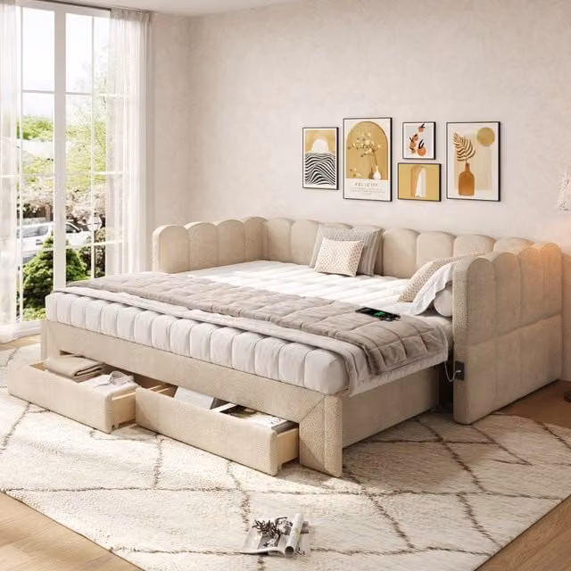 Letto imbottito Minimal beige con cassetti e porta USB per camera da letto o bambini L/P/H: 180 x 200 cm – 1
