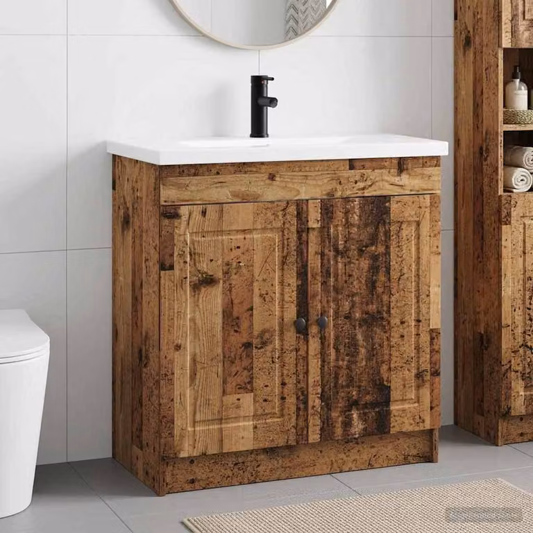 Set di mobili per il bagno vidaXL in legno antico marrone con ante a battente e ripiani interni L: 78,5 cm, P: 37,5 cm, H: 81 cm