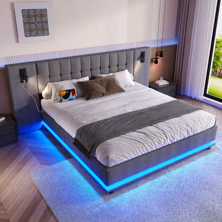 Letto imbottito STILVORA 180×200 con materasso e contenitore Struttura letto con USB, letto per ragazzi con striscia LED, letto funzionale con box letto, lino, grigio