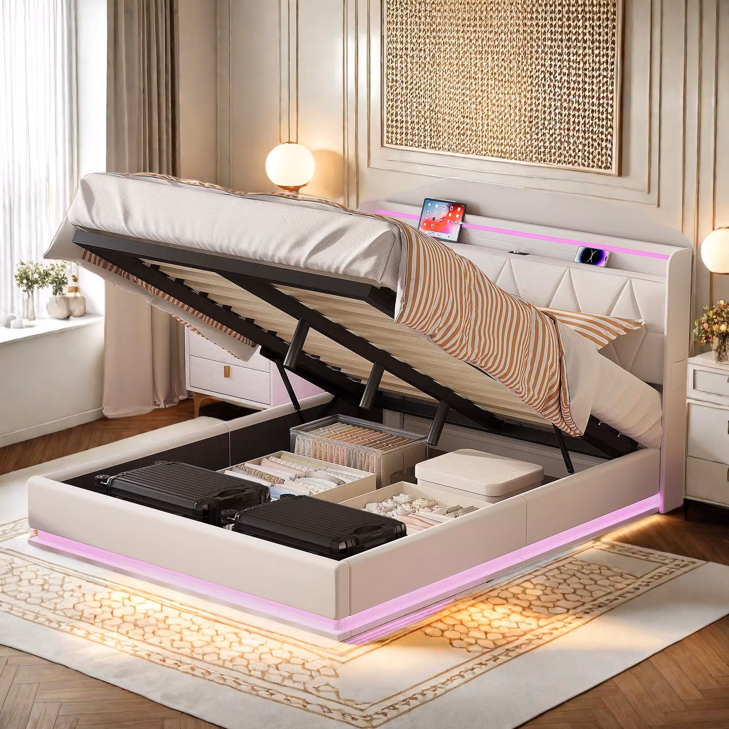 Letto imbottito ProximaX 140x200 cm con LED e USB | letto matrimoniale con testiera, contenitore e rete a doghe, bianco velluto