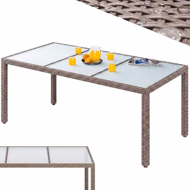 Tavolo da pranzo rettangolare Casaria in polyrattan beige con piano in vetro, regolabile in altezza e resistente ai raggi UV, L: 190 cm, P: 90 cm, H: 75 cm – 1