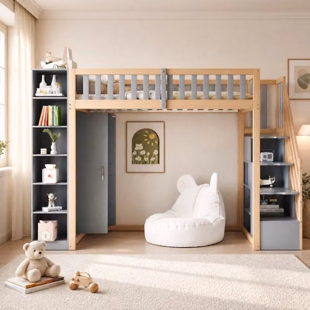 Letto a soppalco 90 x 200 cm con armadio; scaffali e scala con cassetti; grigio e legno naturale