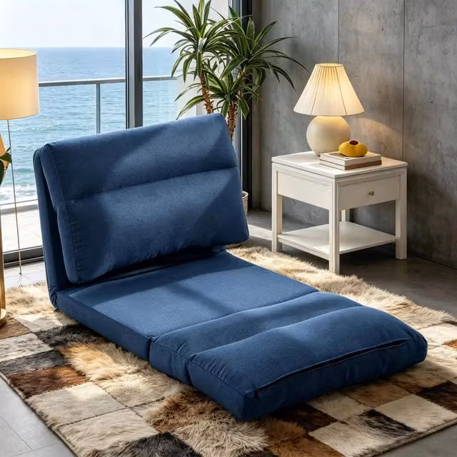 Poltrona reclinabile da pavimento REDOM blu con struttura in metallo e rivestimento in tessuto, L: 72 cm, P: 70 cm, H: 56 cm – 1