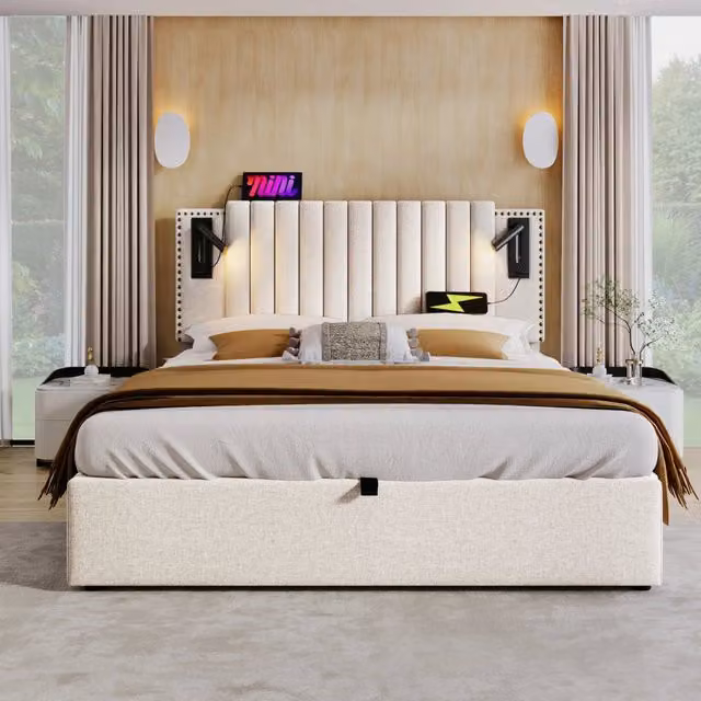 Desviae Letto contenitore 160 × 200 cm 2 posti con LED, USB Type C, testiera regolabile, con materasso, beige