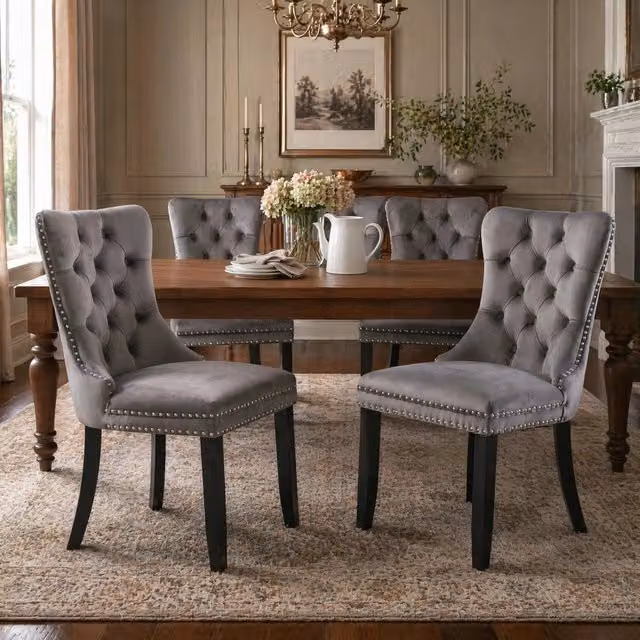 Sedia da sala da pranzo OKWISH in velluto grigio con schienale alto e struttura in legno massello