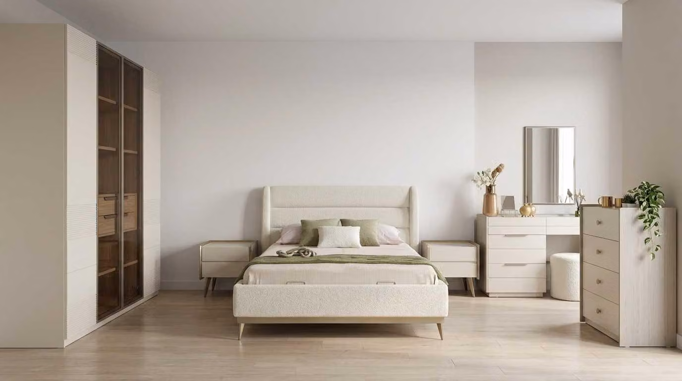 Set per camera da letto beige, moderno e composto da letto, comò da trucco e armadio