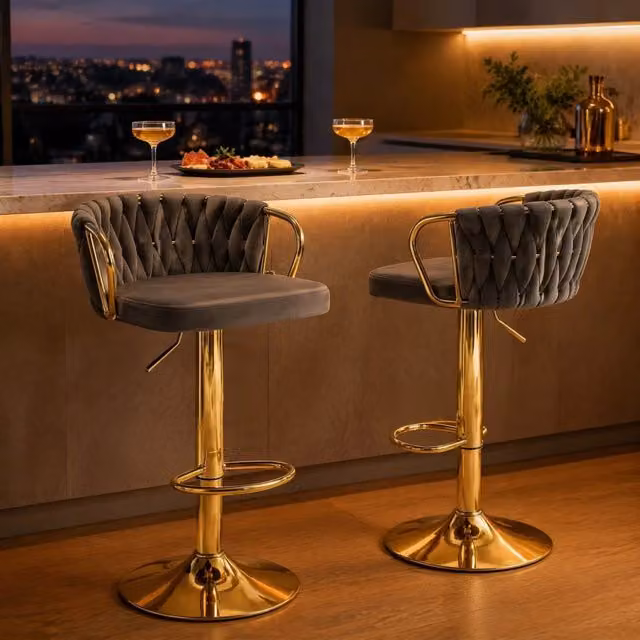 Set di 2 sgabelli da bar in velluto grigio scuro con base in metallo regolabili in altezza