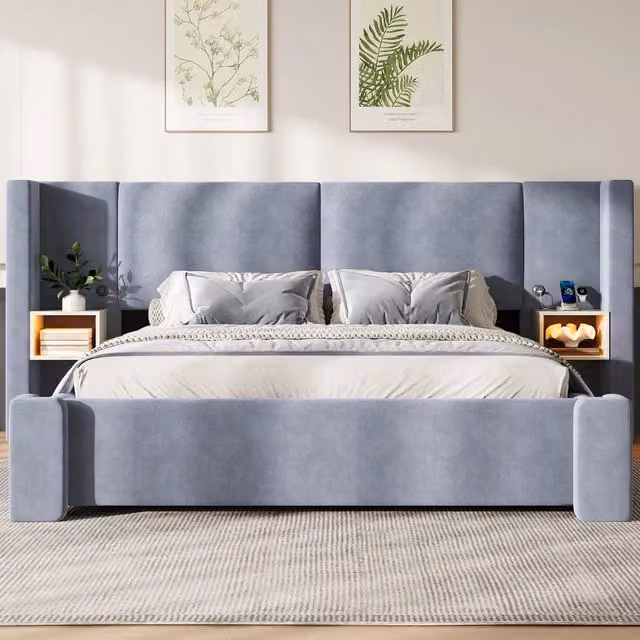 Letto matrimoniale 180x200 contenitore con sollevamento idraulico; rivestimento in lino grigio; testiera e comodini LED