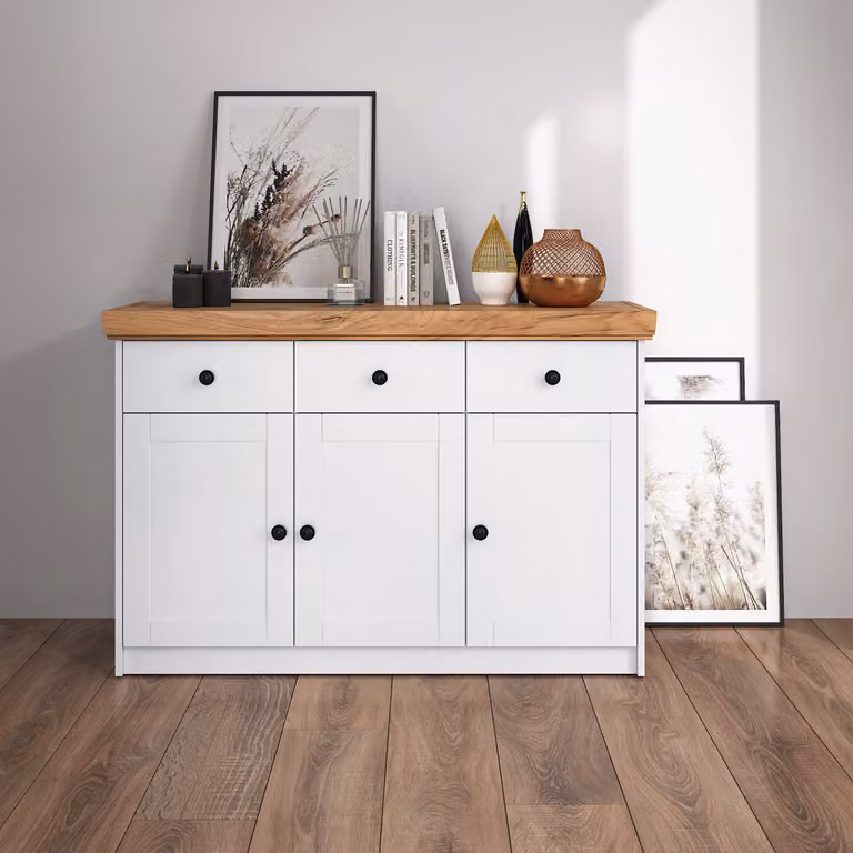 Homestyle4u cassettiera credenza rovere opaco bianco legno massiccio mobile con cassetti credenza alta