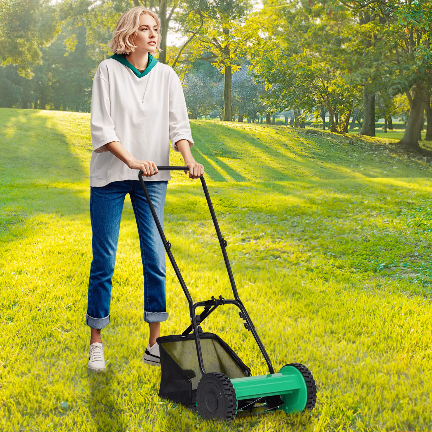 Tosaerba manuale spazzatrice per erba Costway Verde con larghezza di taglio 30 cm e altezza regolabile da 15-40 mm