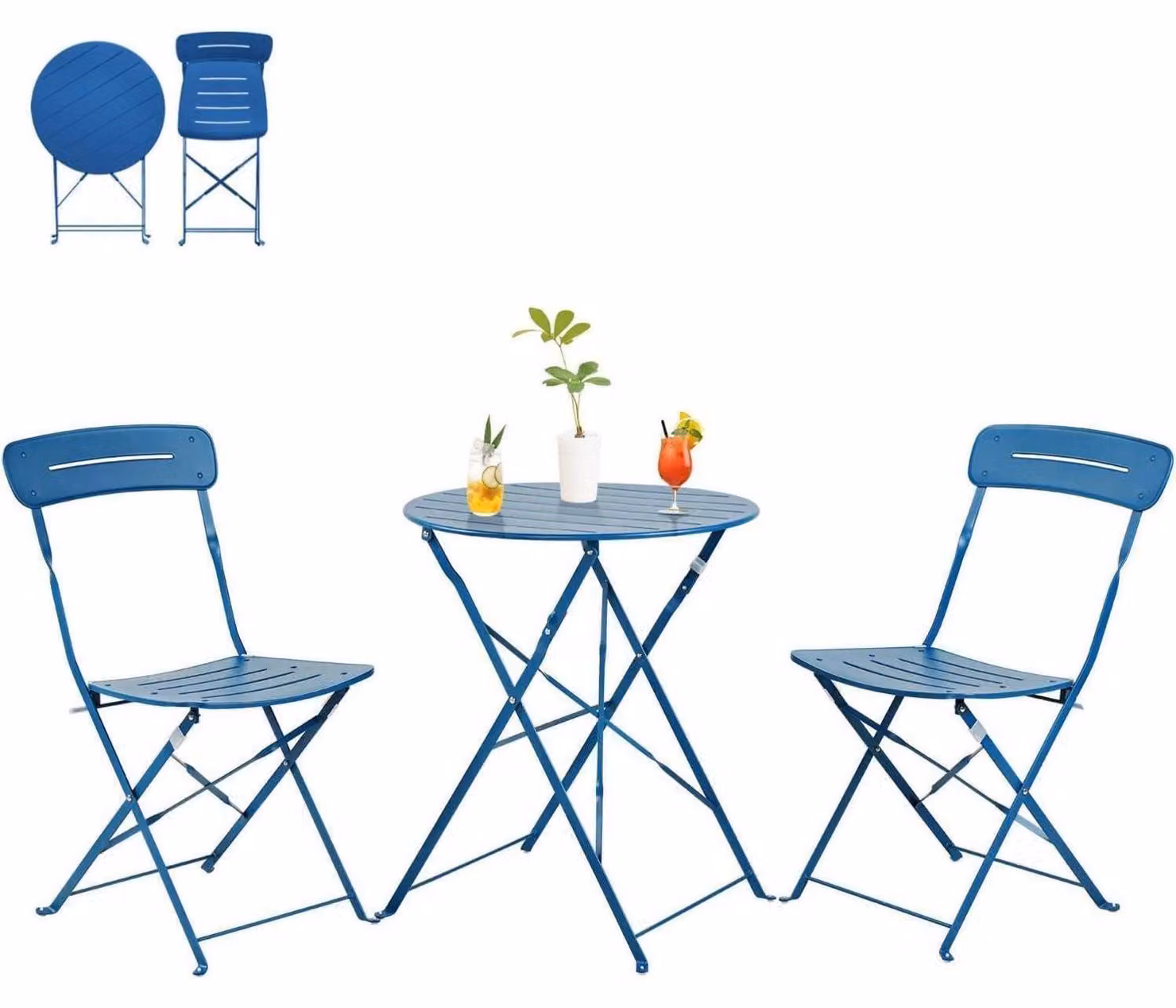 Set da bistrot composto da 3 elementi: 2 sedie pieghevoli e un tavolo rotondo, resistente alle intemperie, colore blu