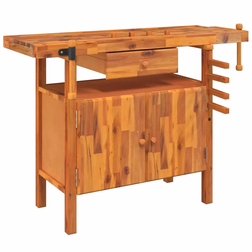 Banco da lavoro vidaXL in legno massello di acacia marrone con cassetto e morsa L/P/H: 124 x 52 x 83 cm – 2