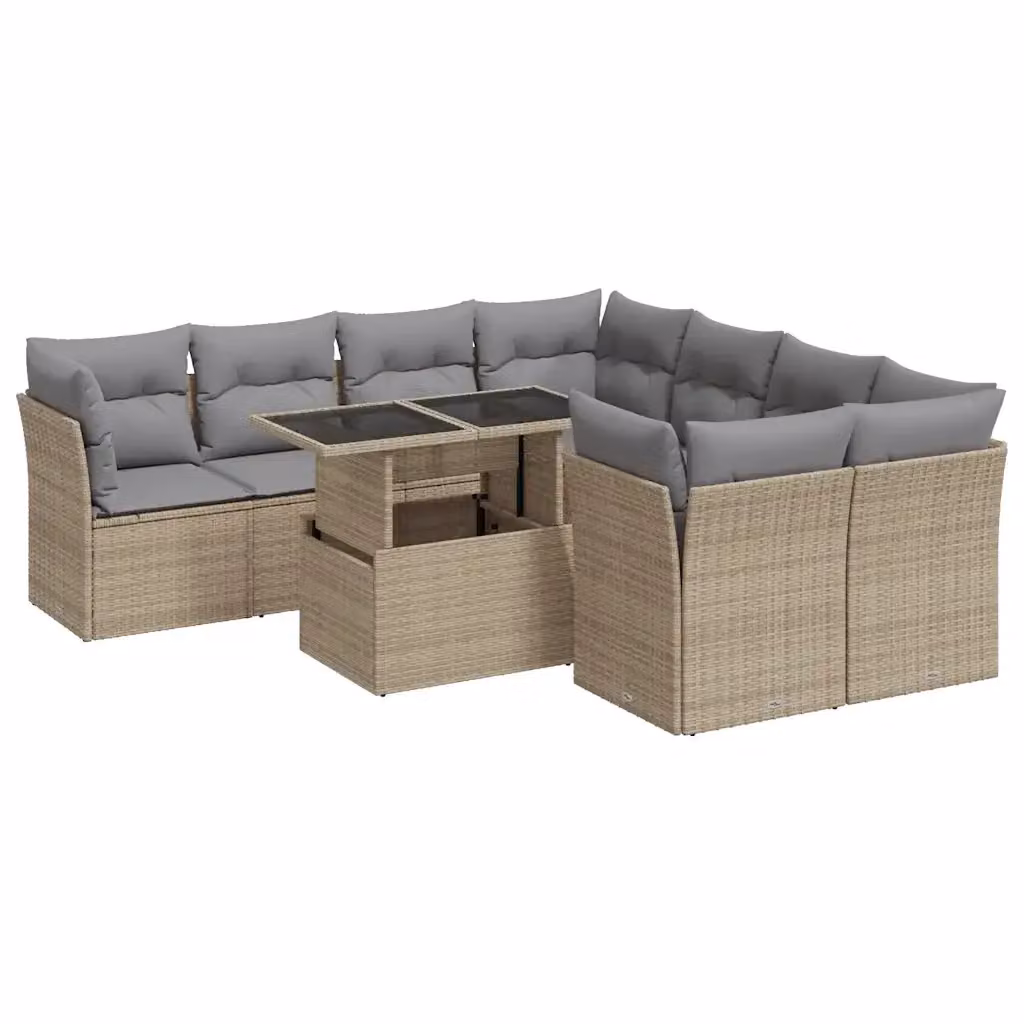 Set Divano da Giardino a Forma di U vidaXL con Cuscini Beige e Tavolino in Vetro, 9 Pezzi – 2