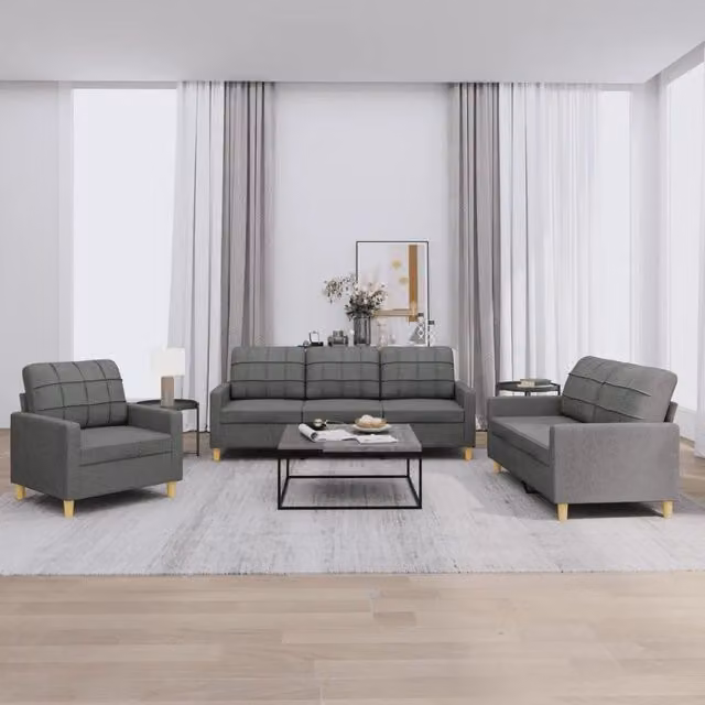 Set di divani 3 pezzi vidaXL in tessuto grigio con cuscini e braccioli per soggiorno – 1