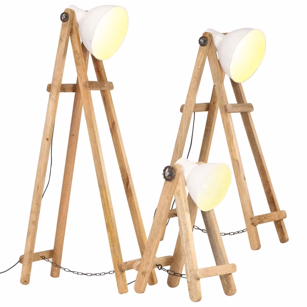 The Living Store Lampade da terra 3 pz. Bianco E27 Legno massiccio di mango