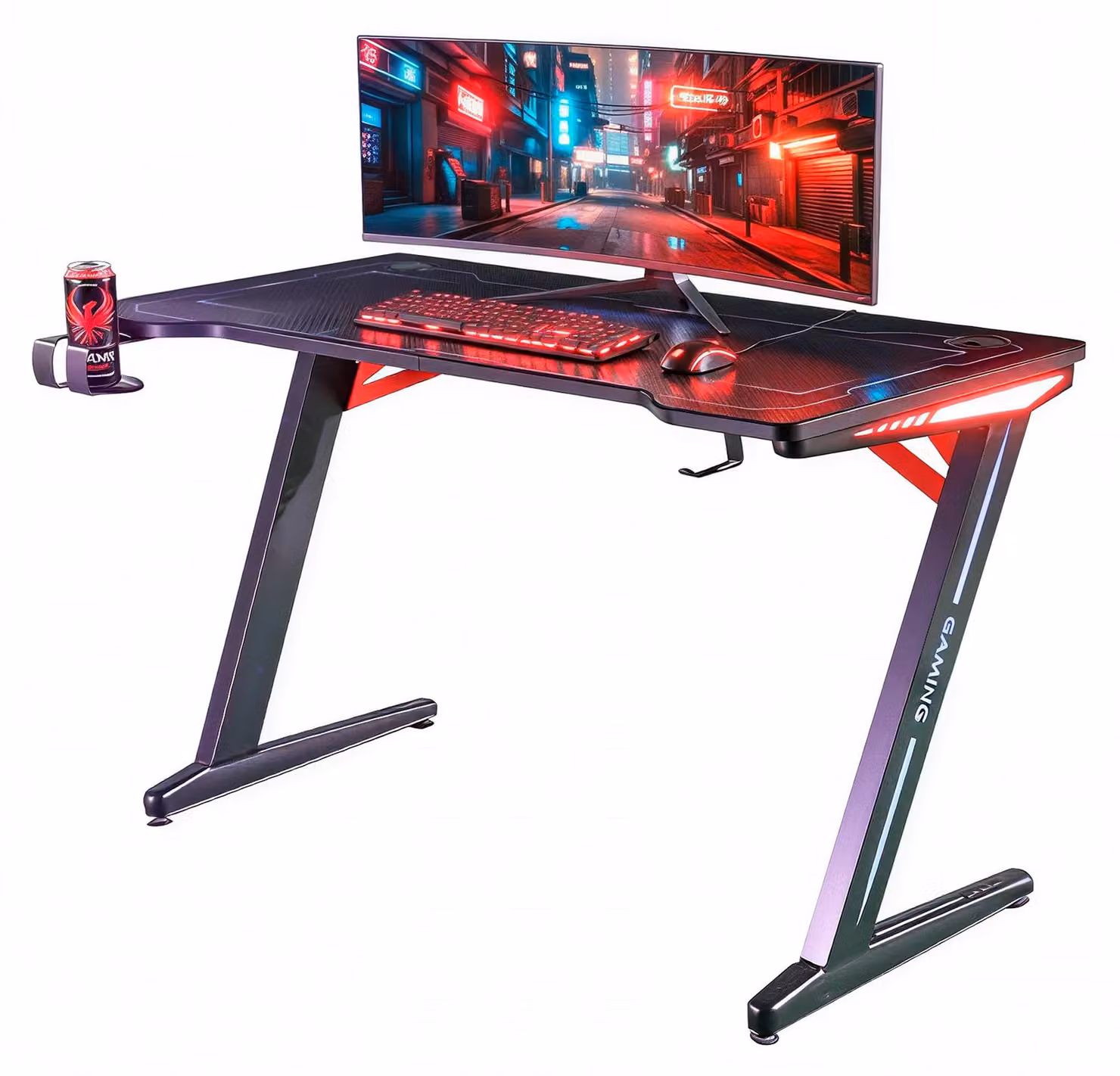 Scrivania da gaming con illuminazione RGB LED - Larghezza: 140 cm - Profondità: 60 cm - Materiali: legno e acciaio rivestito - Colore: nero