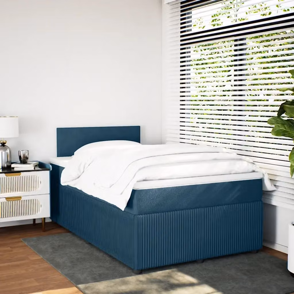 Letto con Giroletto a Molle e Materasso Ibrido vidaXL in Velluto Blu e Bianco L/P: 120 x 200 cm – 2